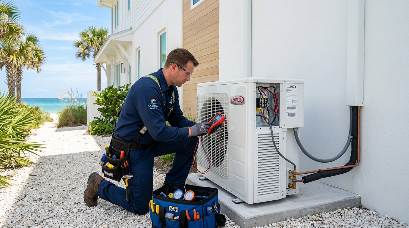 Technician inspecting a new AC system outside a beach house