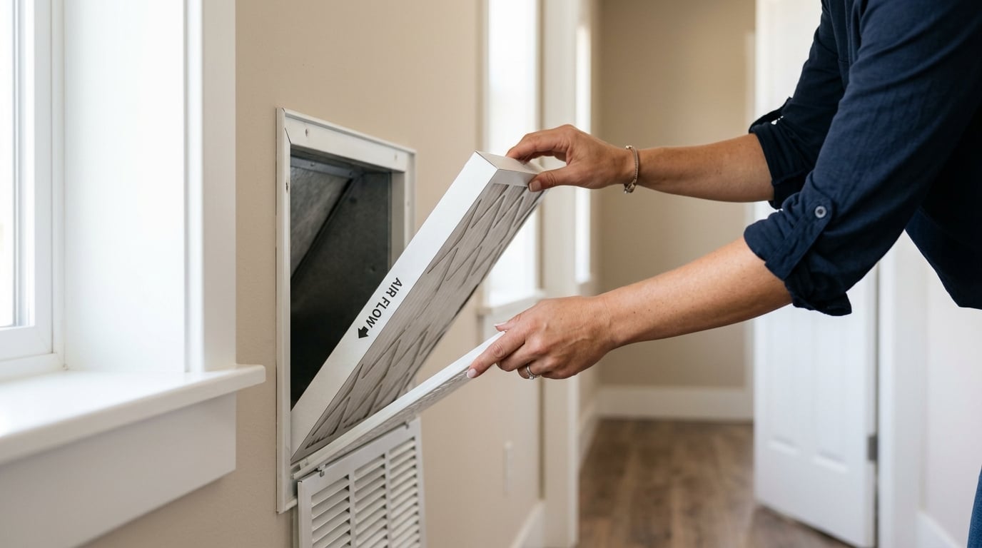 Hands sliding a clean pleated air filter into a home return vent