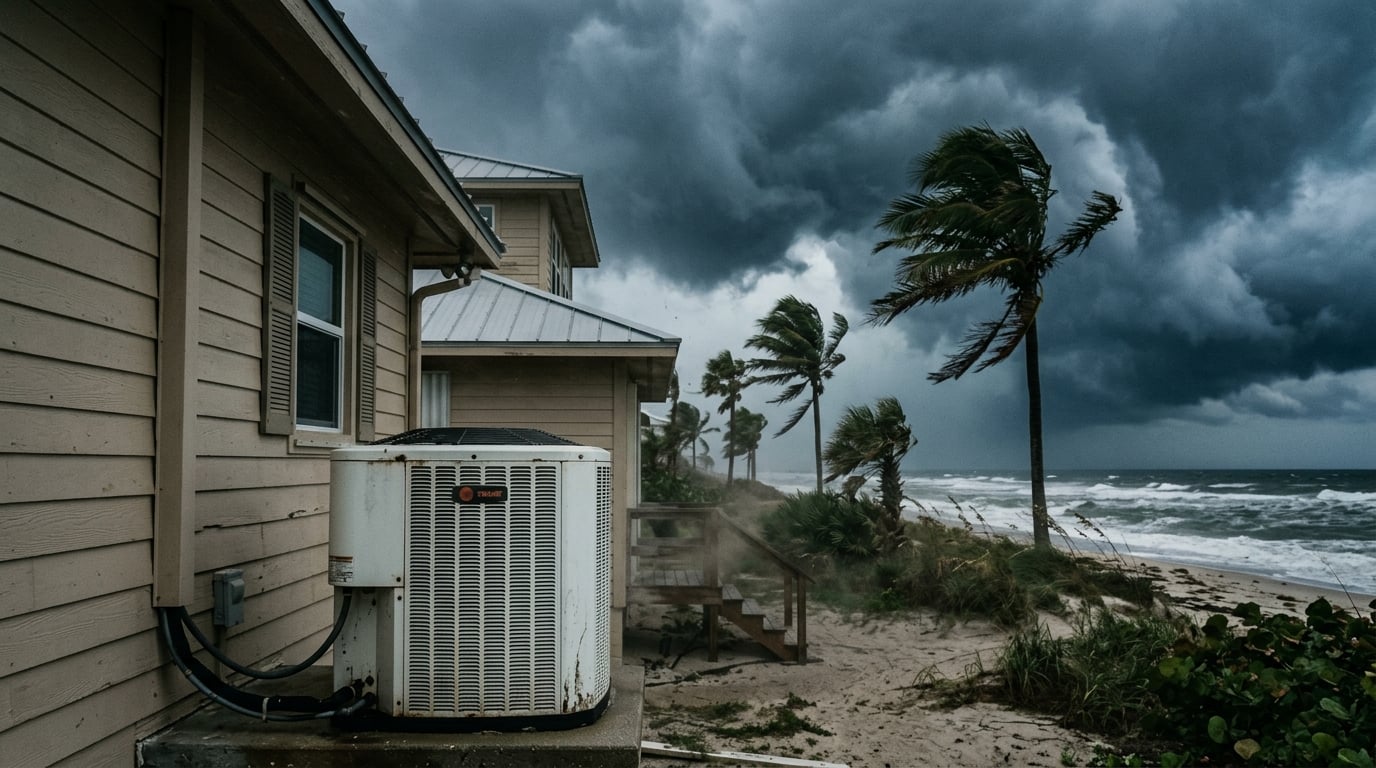 Outdoor AC condenser unit beside a coastal home with storm clouds