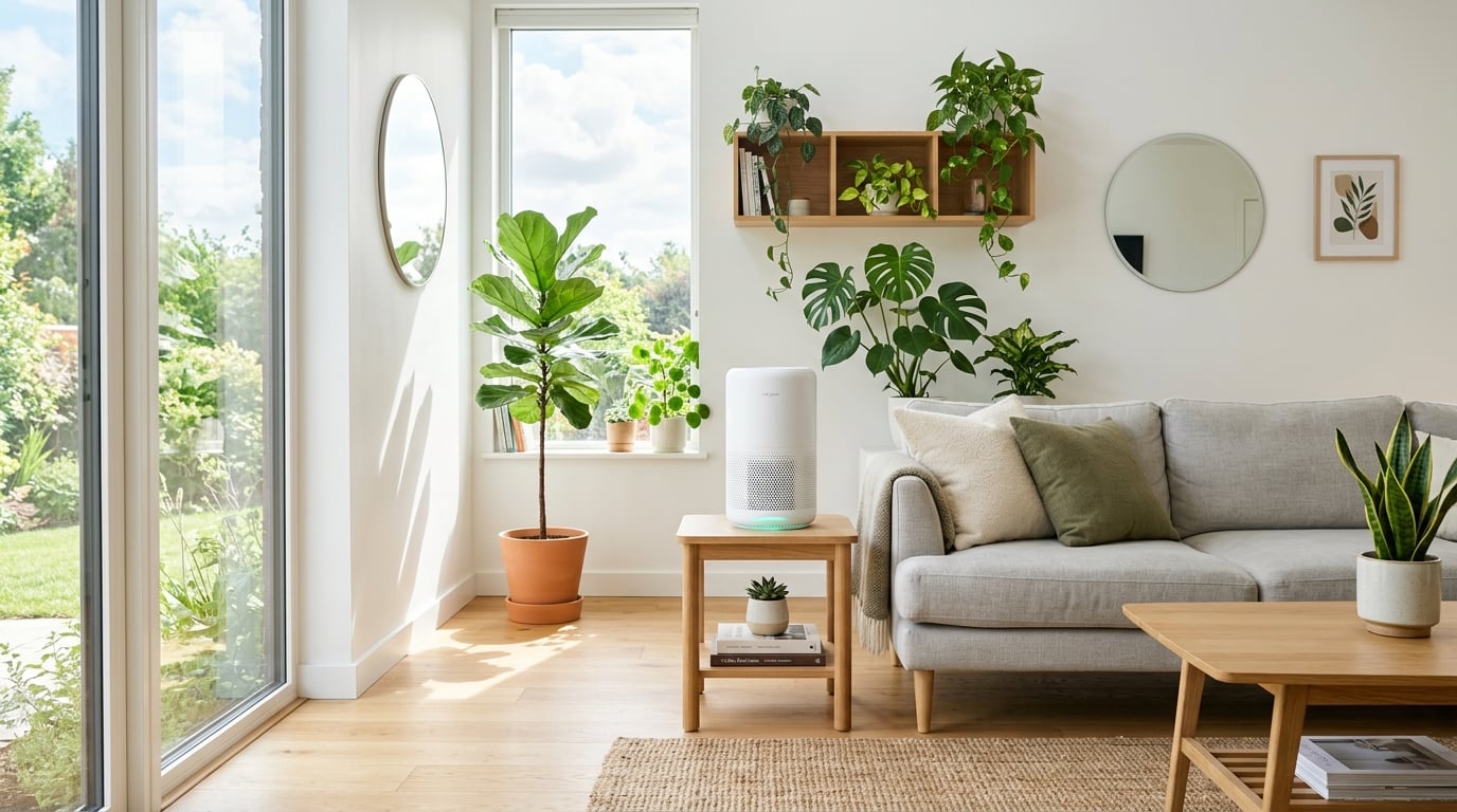 Bright modern living room with an air purifier and healthy plants
