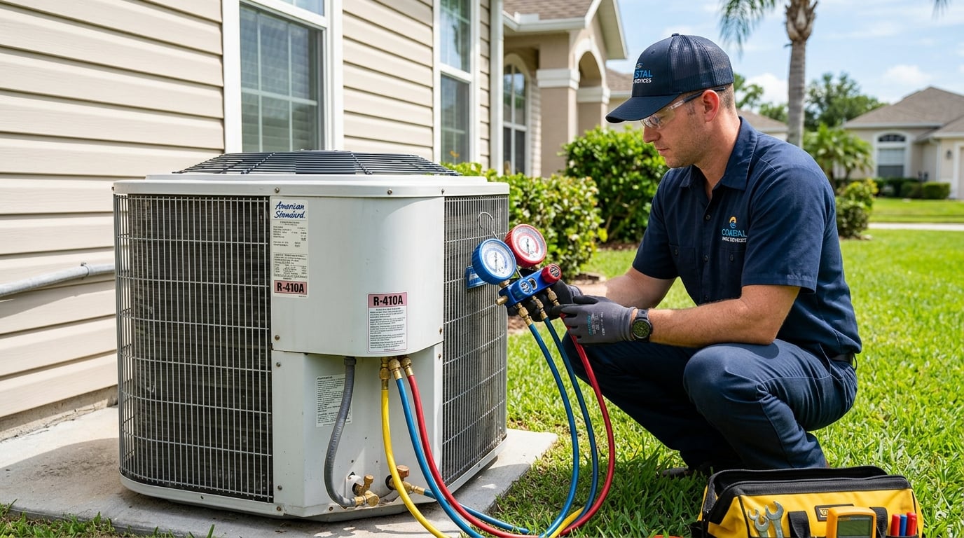 HVAC technician checking refrigerant gauges on an outdoor AC unit