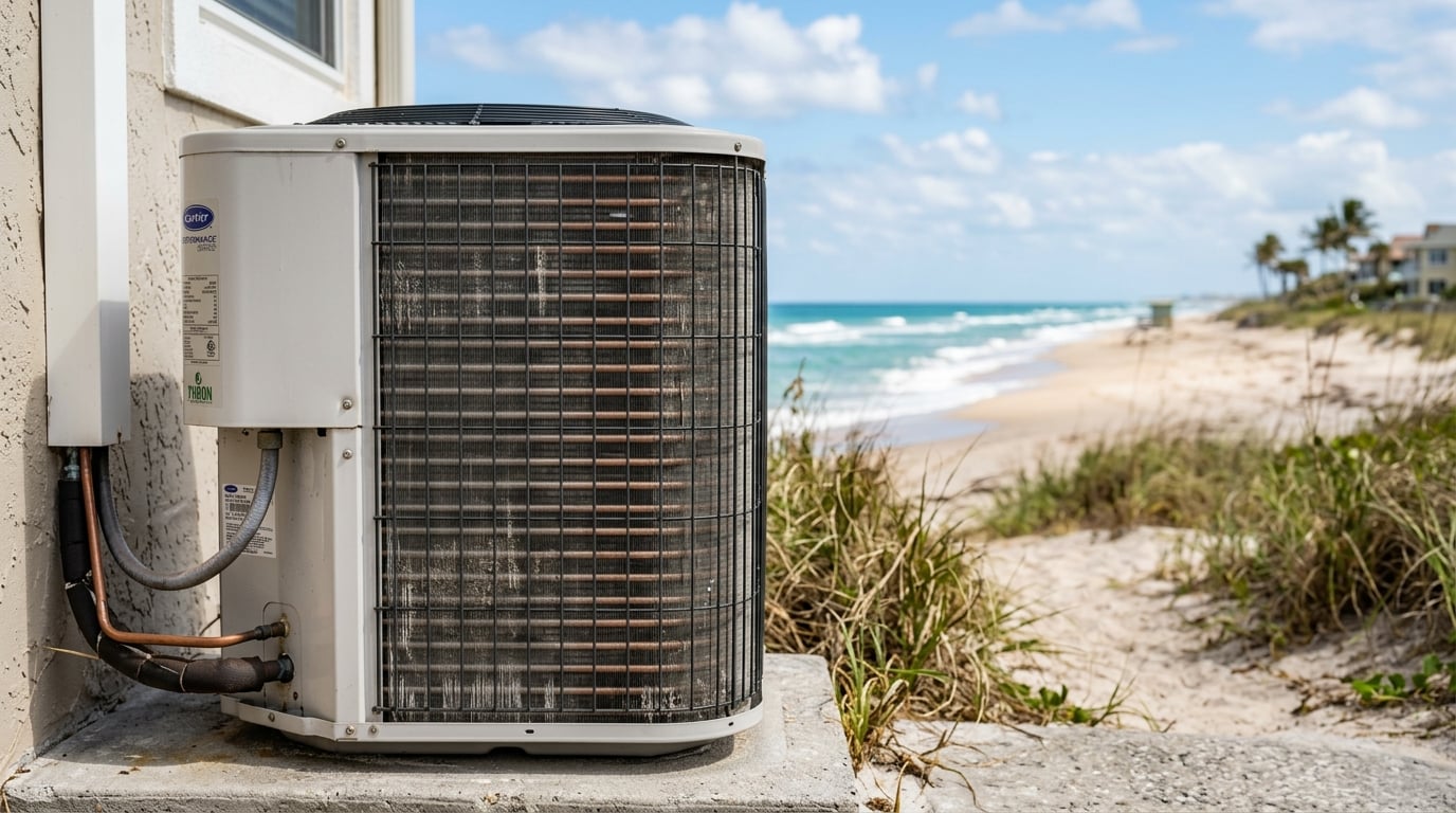 Close-up of an outdoor AC condenser near a beachfront home