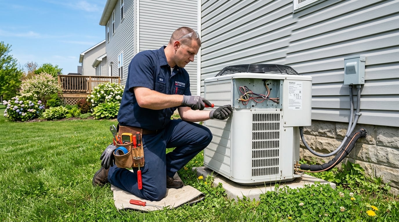 Technician servicing an outdoor AC unit on a sunny spring day