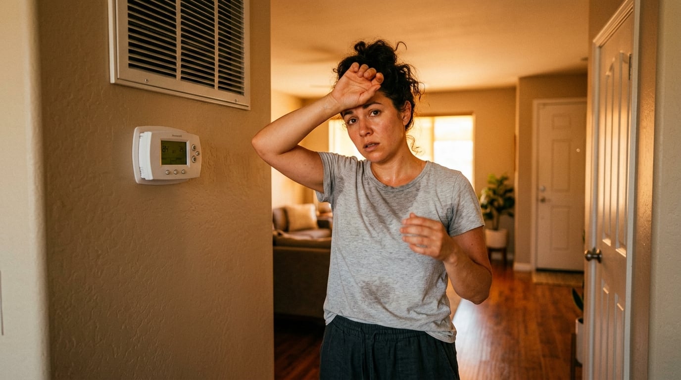 Homeowner standing by a thermostat looking warm and uncomfortable